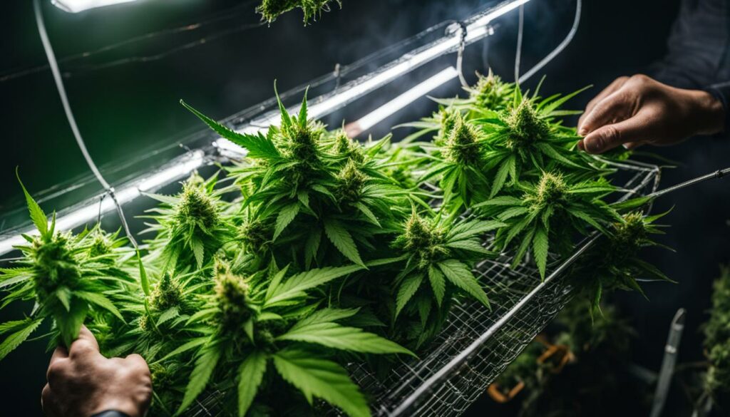 Imagem de plantas de marijuana durante a colheita